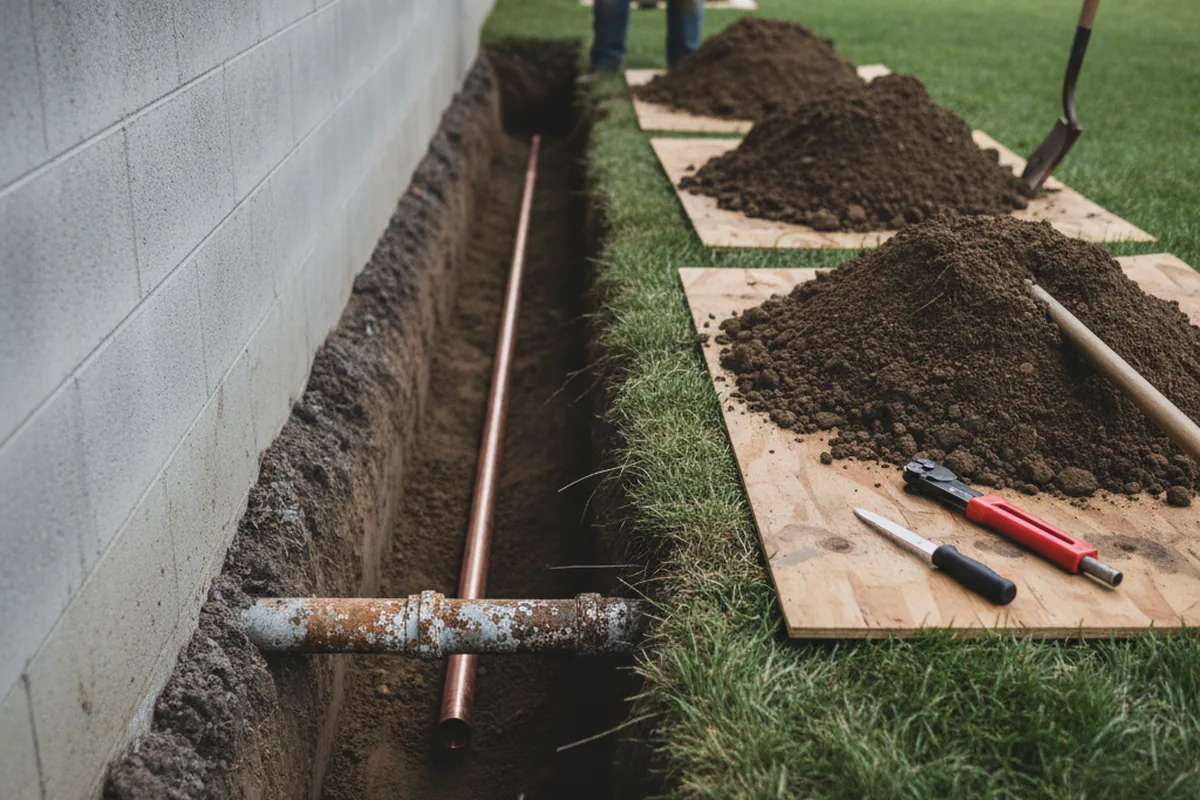 Excavated water line trench during Sewer Line Repair in New Castle